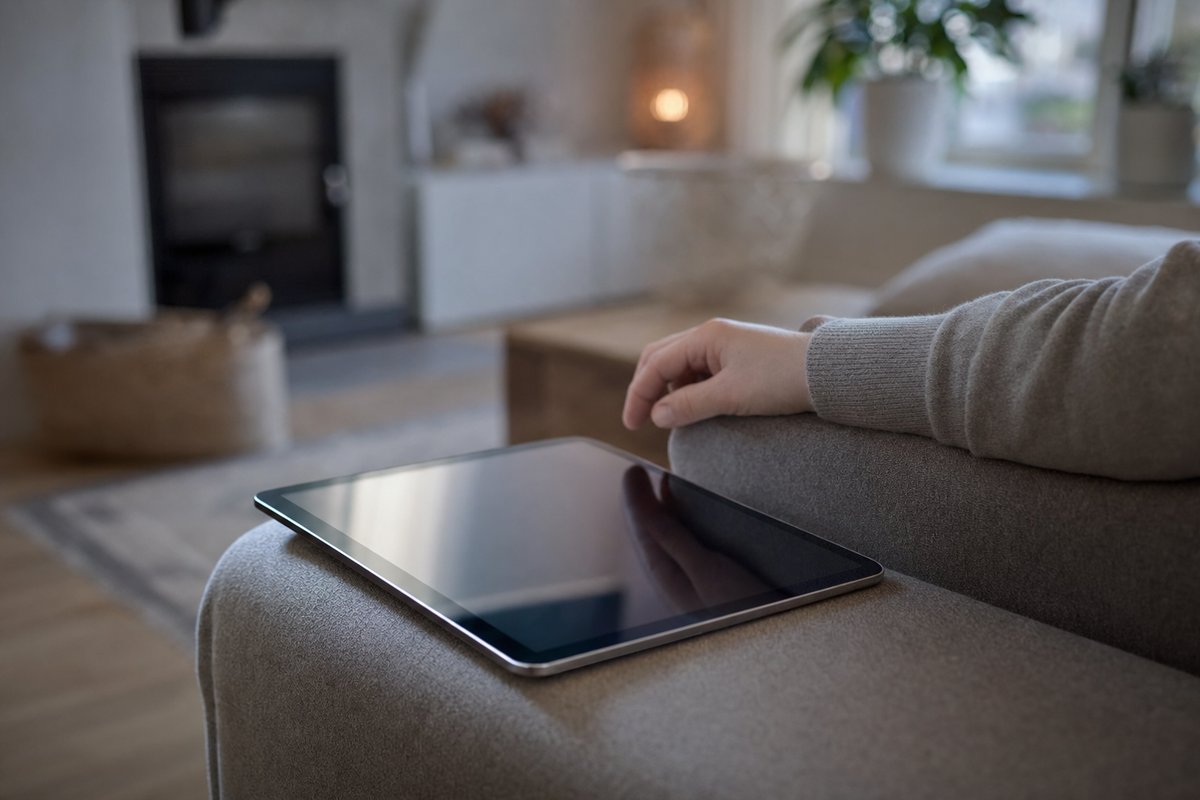 Tablet auf einer Sofalehne mit abstraktem Demospiel