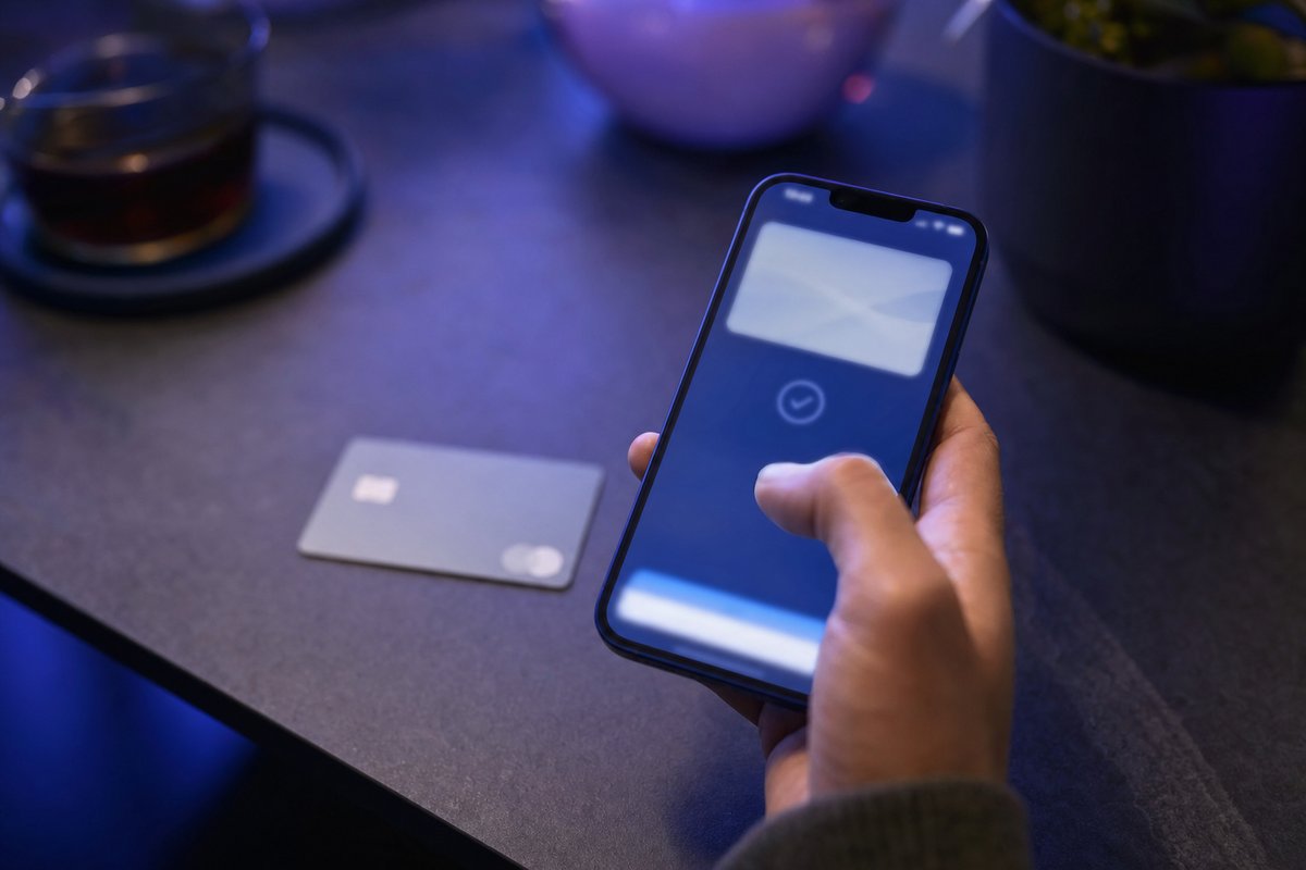 Smartphone mit abstraktem Wallet-Überweisungsbildschirm