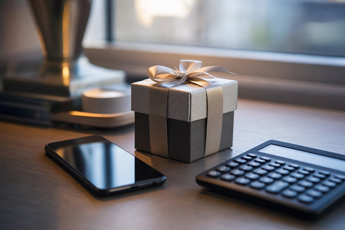 Dezent gestaltete Geschenkbox neben einem Taschenrechner