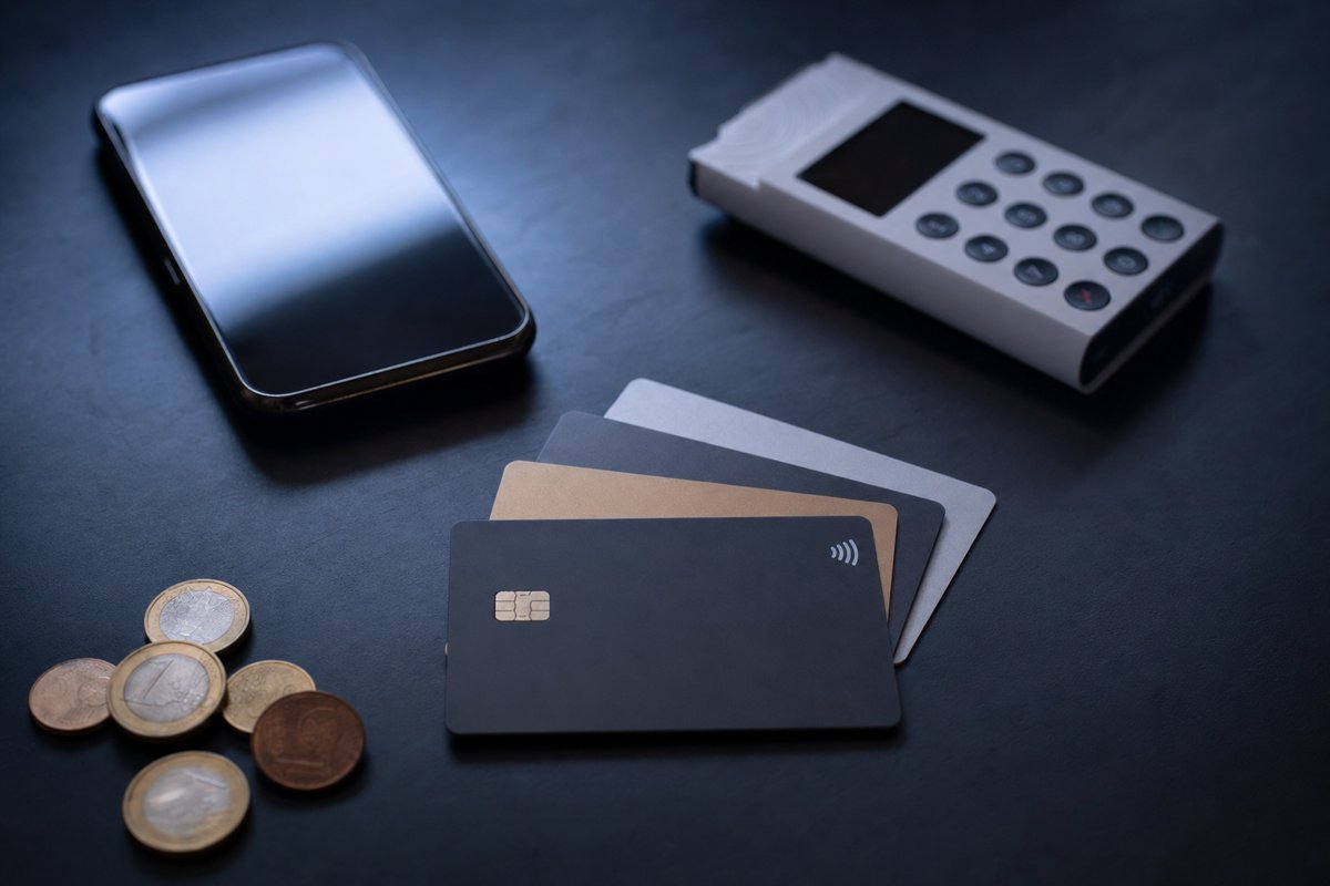 Bankkarte, Smartphone und Münzen als Symbol für Zahlungsmethoden