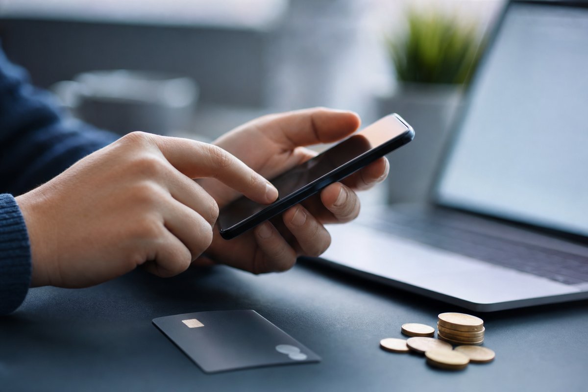Münzfluss von einem Smartphone zu einer Bankkarte als Symbol für Auszahlungen